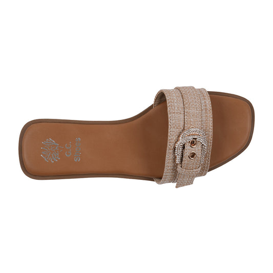 Women's Kenna Tan Embellished Buckle Flat Sandals