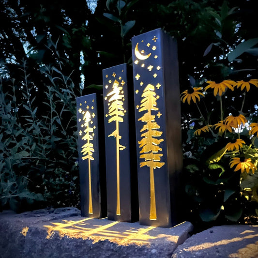 Pine Tree Night Sky Luminary Pillars w/ Solar Cap