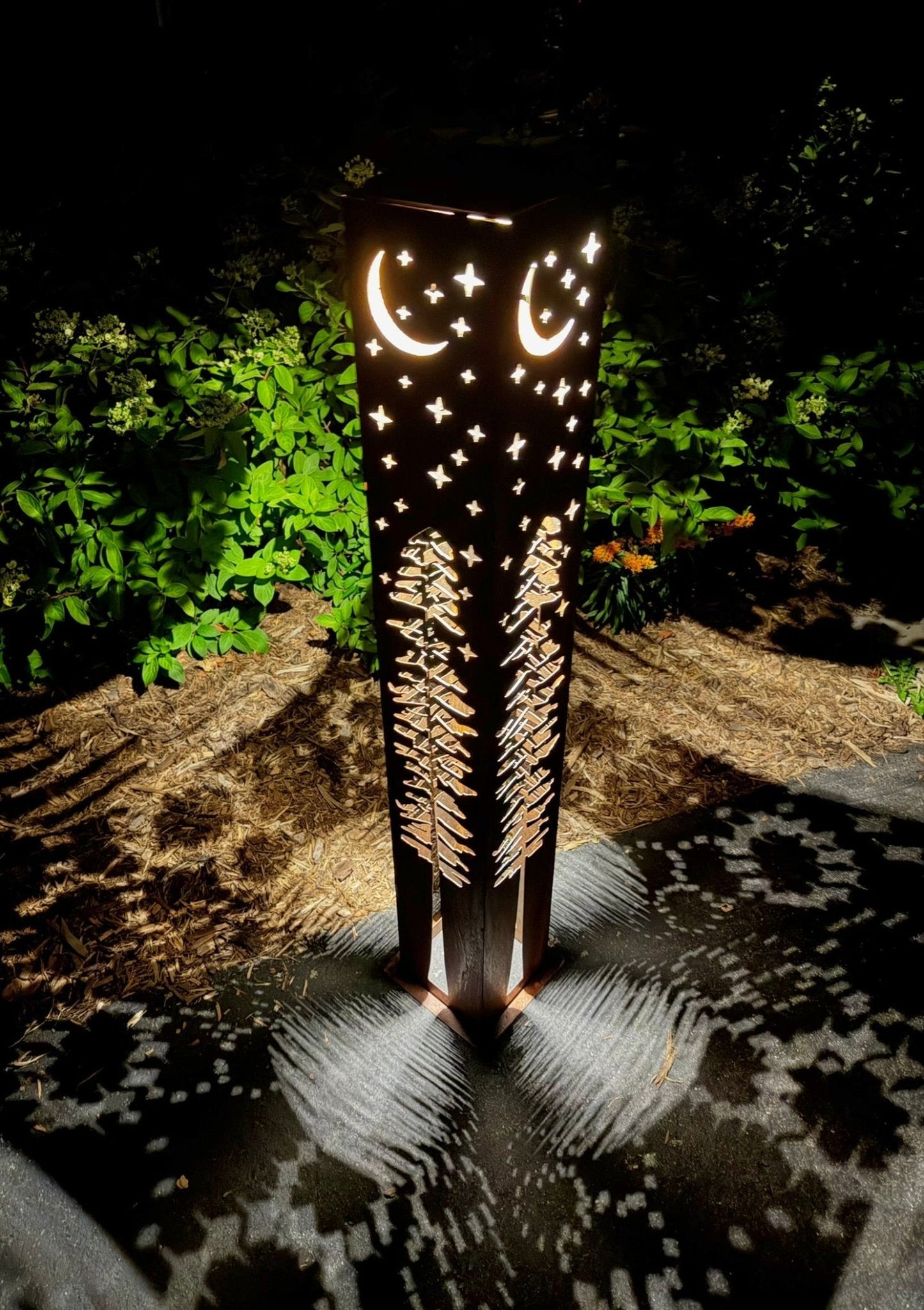 4-Sided Night Sky Pine Tree Solar Pillar - Steel