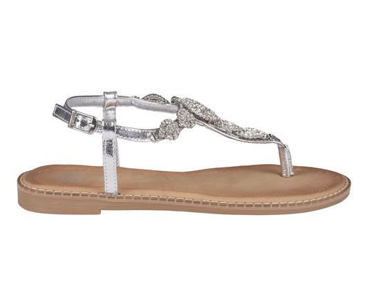 Cali Silver Jeweled T-Strap Slingback Flat Sandals