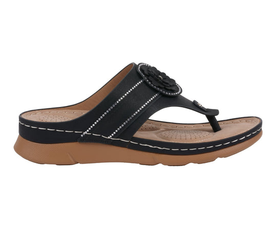 Women's Vickie Black Flower Thong Flat Comfort Sandals
